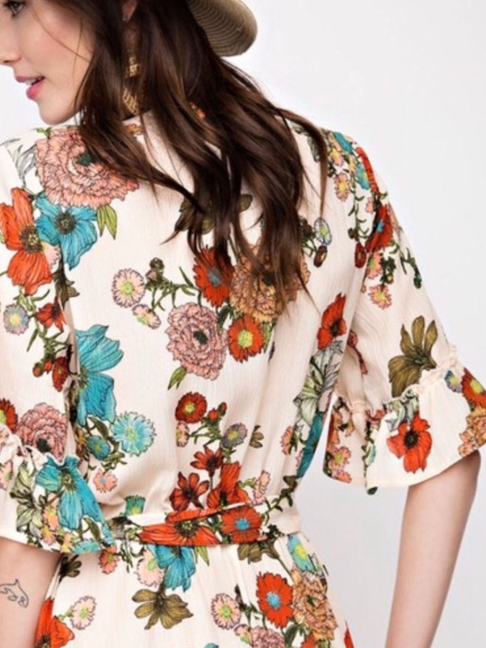 NEW Vintage Floral Print Cream Mock Wrap Ruffle Dress Sash Waist Women Small - Picture 6 of 8